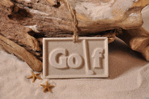 GOLF SIGN ORNAMENT, GOLFER, SAND ORNAMENT, TROPICAL SEASIDE ORNAMENT, COASTAL BEACH GIFT, MADE IN FLORIDA, BEACH LOVER GIFTS, BEACH SAND KEEPSAKES, VACATION SOUVENIR, GIFT SHOP OWNERS, PROMOTIONAL ITEMS, PARTY FAVOR, SPECIAL EVENT, COLLECTIBLES, HAND-CRAFTED, FUNDRAISER